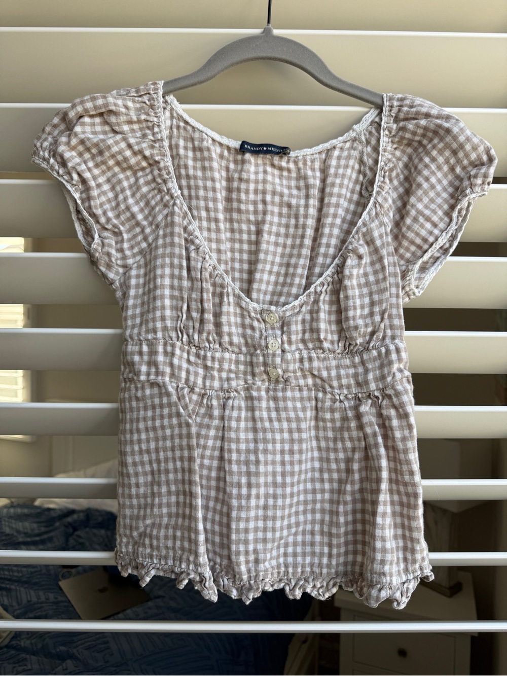 Brandy Melville Beige Gingham Scoop Neck Button-Front Top